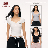 NINJA街舞美式 复古黑色V领短袖 T恤女夏季 HIPHOP 跳爵士舞修身 上衣