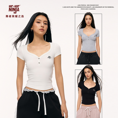 HIPHOP NINJA街舞美式复古黑色V领短袖T恤女夏季跳爵士舞修身上衣