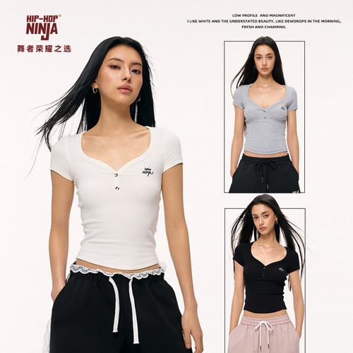 HIPHOP NINJA街舞美式复古黑色V领短袖T恤女夏季跳爵士舞修身上衣