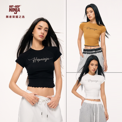 HIPHOP NINJA街舞美式复古烫钻圆领短袖T恤女修身爵士舞上衣jazz