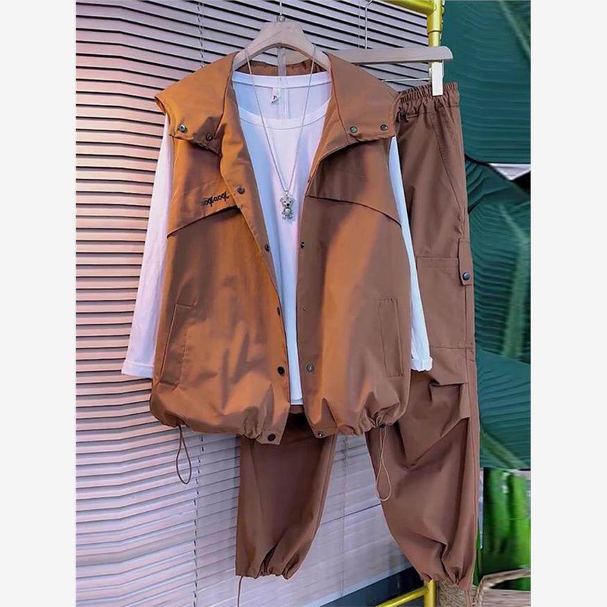 大码女装早秋运动休闲连帽无袖马甲外套工装束脚裤子两件套装