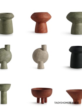 侘寂风莫兰迪色陶瓷花瓶家居书房几何花器软装样板房民宿餐桌摆件
