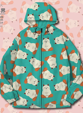 瑜伽猫咪冥想打坐可爱卡通图案夹克棉服男女印花外套0018设 无界