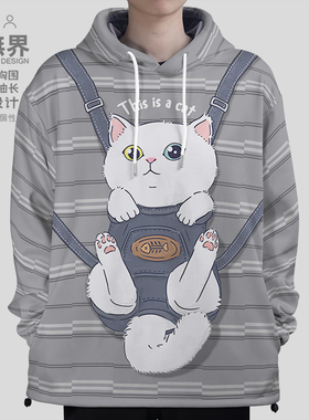 原创白色可爱猫咪插画宠物背包细条纹连帽卫衣男女帽衫秋设 无界