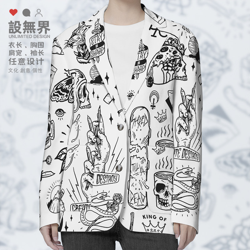 欧美街头滑板涂鸦手绘线描骷髅纯色西装外套男女ins潮牌潮设 无界