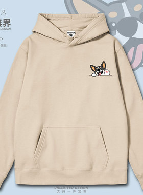 黑色柯基犬小狗假口袋铲屎官连帽卫衣男女潮牌秋帽衫0010设 无界