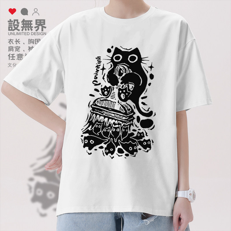 卡通剪影小黑猫咪油漆粉刷匠潮酷短袖T恤男女纯棉短t夏装设 无界
