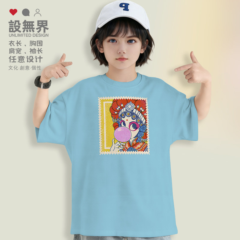中国风京剧国邮票短袖落肩T恤女款七夕情侣装圆领上衣0002设 无界