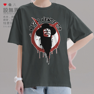 电影V字仇杀队黑客匿名者面具泼墨风logo短袖T恤男男0009设 无界