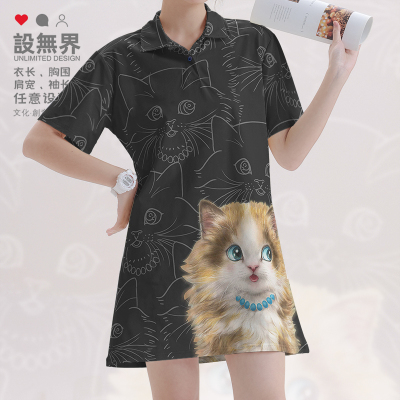 可爱卡通猫咪长毛金渐层蓝连衣裙