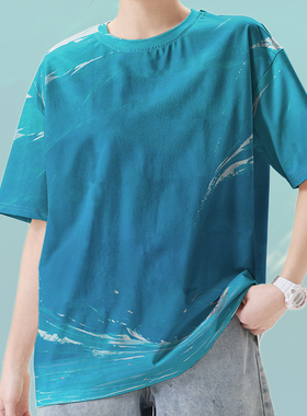 蓝色海洋冲浪花插画满印速干T恤男女欧美风ins潮牌上衣夏设 无界