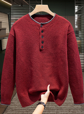 重磅安哥拉红色毛衣男士潮牌时尚亨利领羊毛针织打底衫加厚套头衫