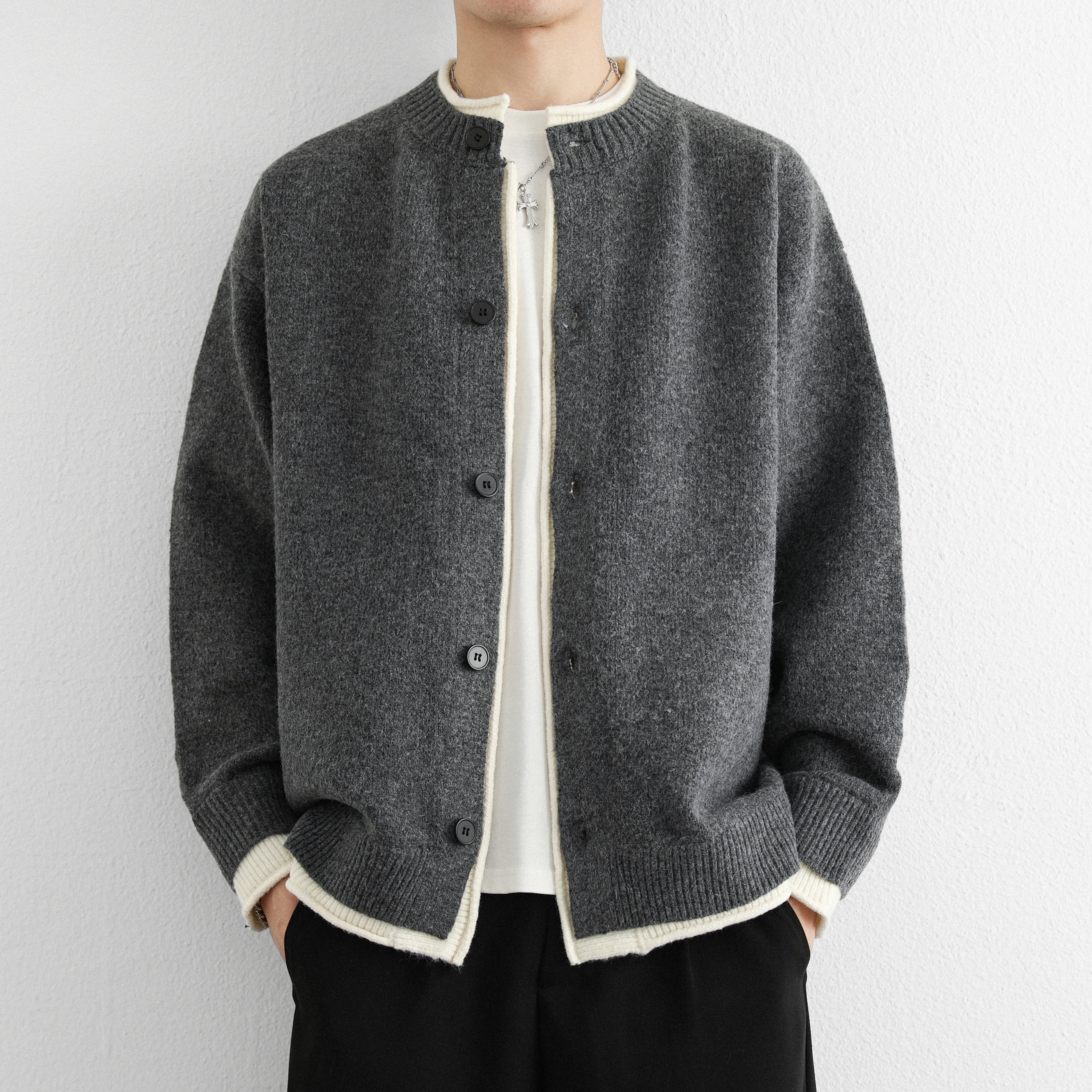 慵懒风韩版假两件开衫毛衣男春秋季潮牌帅气针织夹克外套休闲上衣