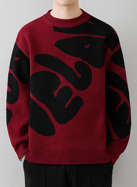 潮牌慵懒风红色毛衣男秋冬季加厚字母提花针织衫本命年潮流打底衫