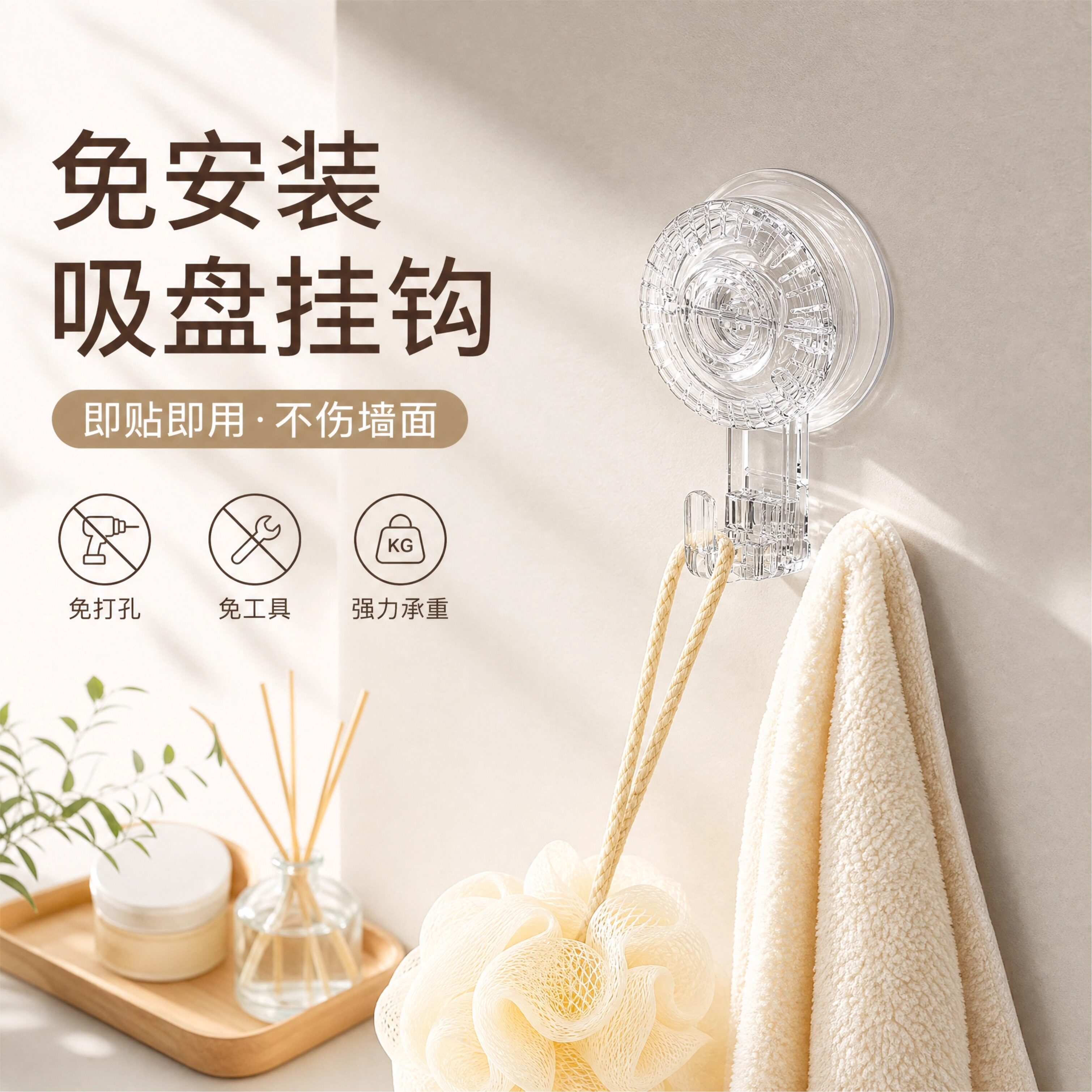 瓷砖墙面玻璃门免胶吸盘挂钩透明图片