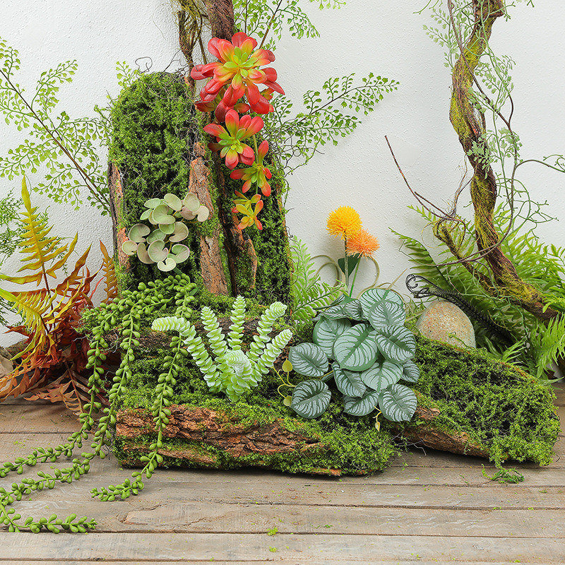 苔藓树皮花桶插花造景