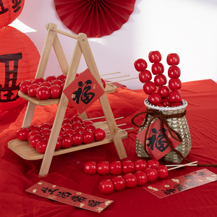 新年红色福字装饰摆件竹制三层拍照道具喜庆春节装饰品