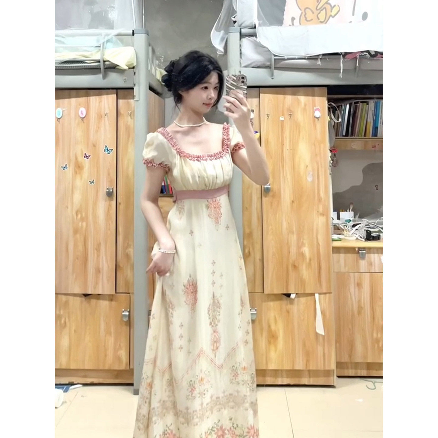 XZY 微胖复古宫廷风重工方领花边连衣裙女25年夏季绝美收腰帝政裙