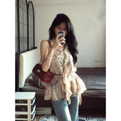 XZY 微胖复古辣妹豹纹荷叶边V领挂脖上衣女25年夏性感露背雪纺衫