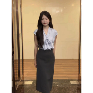 XZY 微胖通勤气质职场穿搭女25年夏季 缎面绑带衬衫 直筒半身裙套装