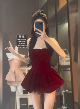 微胖红色重工抹胸连衣裙女甜辣妹收腰短裙裤风情万种抹胸生日礼服