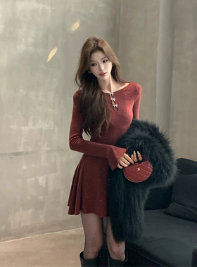 XZY 微胖御姐气质新年红色长袖连衣裙女25年冬季高级感收腰短裙子