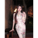 XZY 御姐包臀长裙 微胖轻熟风性感V领系带印花连衣裙女25年夏修身