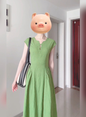 XZY/欣争艳 胖mm新中式国风绿色连衣裙女复古高级感气质收腰长裙