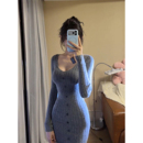 连衣裙女25年冬季 u领针织长袖 性感收腰包臀长裙 微胖纯欲修身 XZY