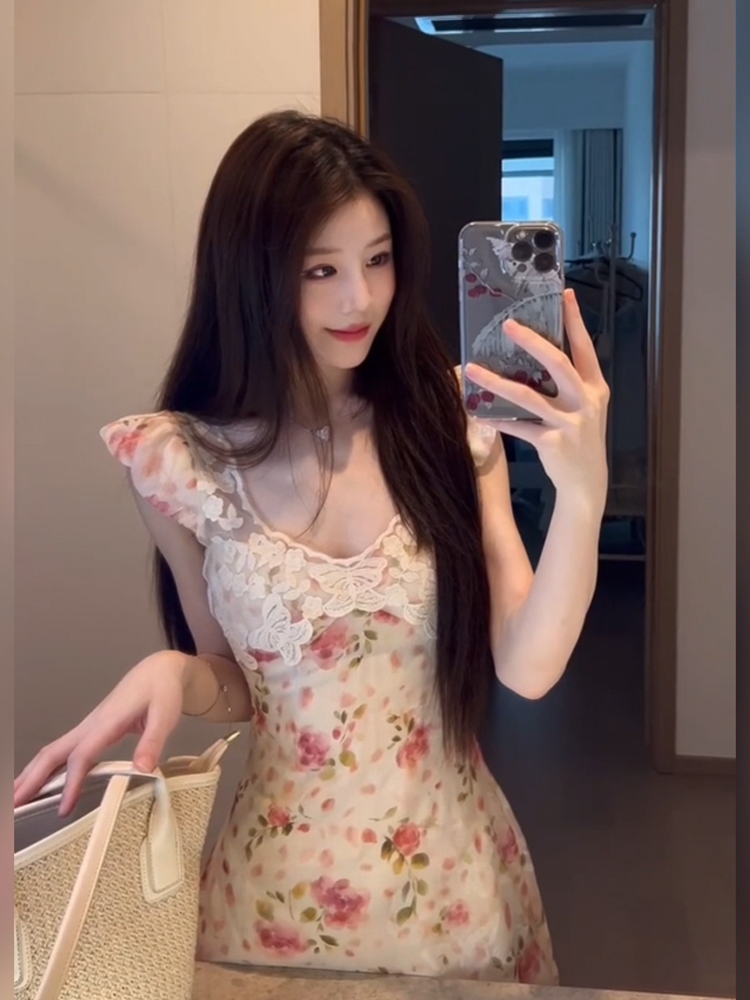 胖mm纯欲风碎花网纱小飞袖连衣裙