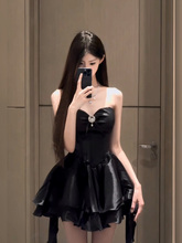 XZY/ 微胖辣妹千金感黑色抹胸吊带蓬蓬裙女25年夏性感收腰小礼服