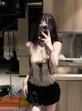 XZY 微胖纯欲甜辣妹木耳边收腰挂脖上衣女25年夏季显瘦蓬蓬裙套装