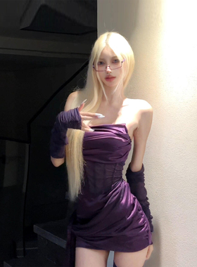 XZY 微胖纯欲辣妹紫色网纱拼接抹胸裙女御姐性感露背褶皱包臀短裙