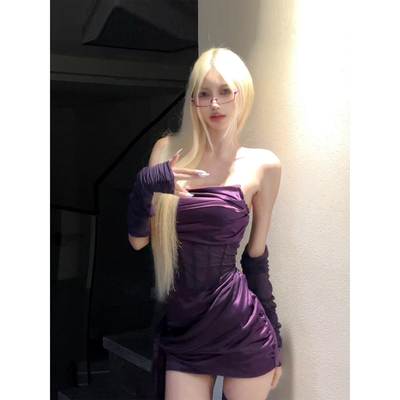 微胖纯欲辣妹紫色网纱拼接抹胸裙