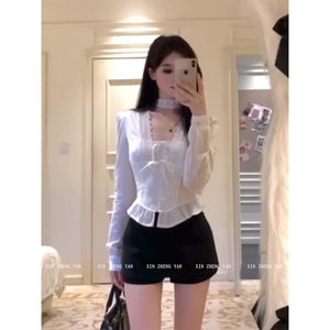 XZY/欣争艳 胖mm纯欲风蕾丝花边收腰衬衫上衣女25夏时尚精致套装
