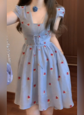 XZY/欣争艳 微胖mm甜美设计感蓝色碎花连衣裙女夏季收腰显瘦短裙