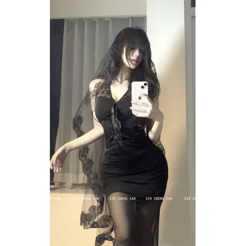 胖mm纯欲性感黑色V领蕾丝连衣裙