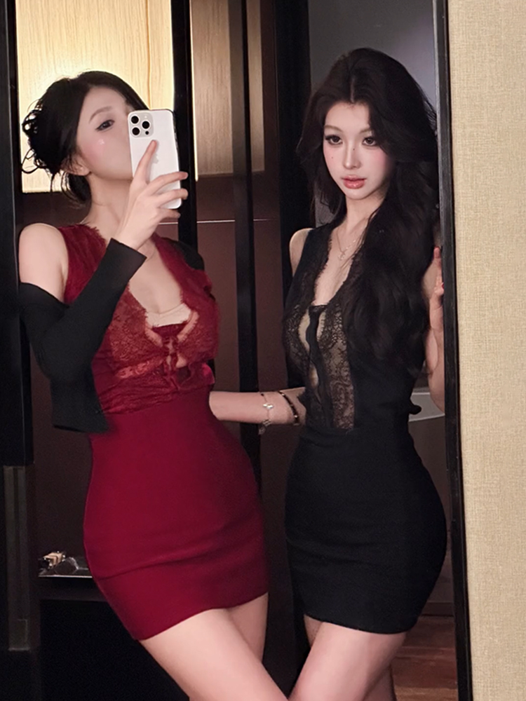 胖mm纯欲性感蕾丝拼接v领连衣裙