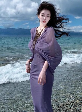 XZY/欣争艳 微胖mm法式绝美紫色抹胸连衣裙女夏季高级感御姐长裙