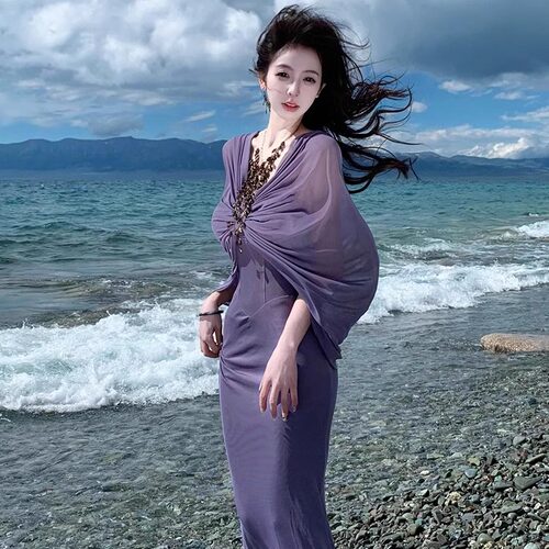 微胖mm法式绝美紫色抹胸连衣裙