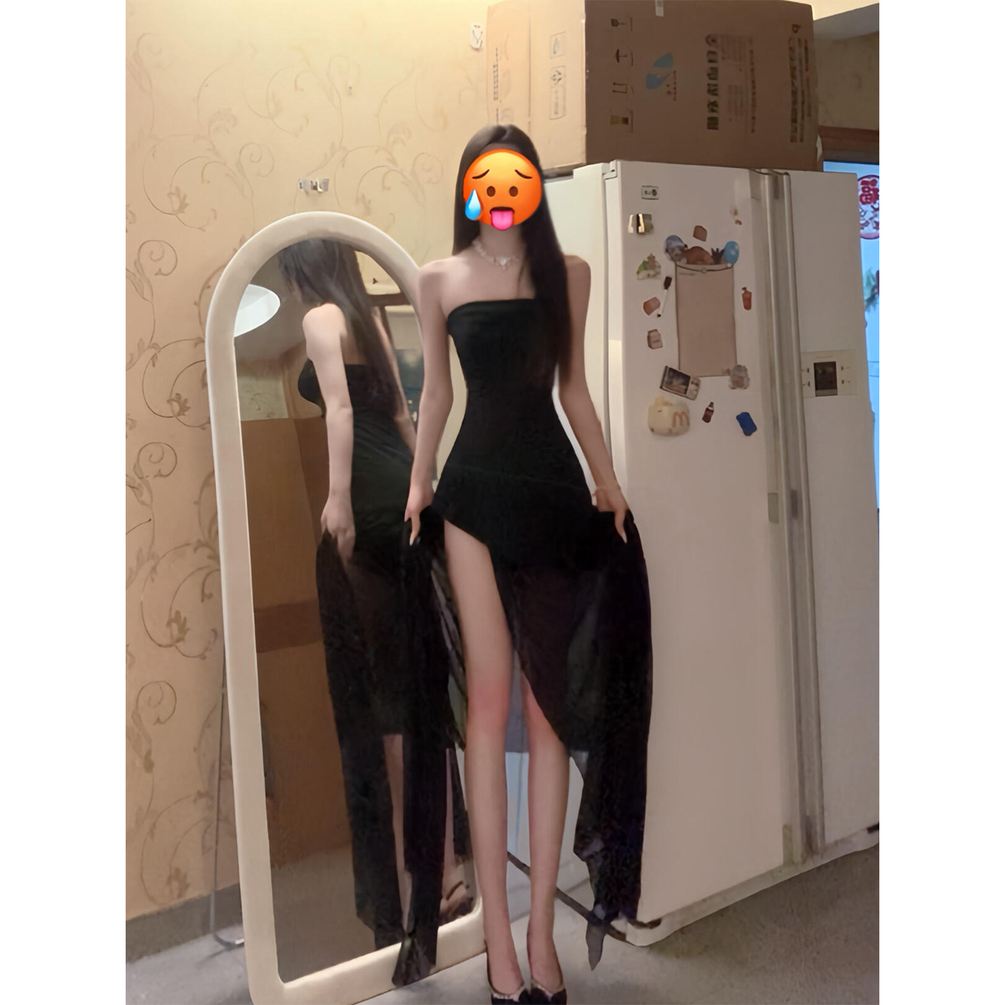 微胖辣妹御姐气质黑色抹胸连衣裙