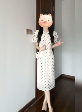 XZY/欣争艳 胖mm法式甜美白色波点泡泡袖连衣裙女夏季减龄茶歇裙
