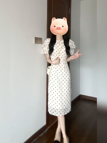 法式甜美白色波点泡泡袖连衣裙