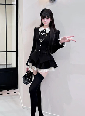 XZY 微胖法式千金风时尚收腰西装外套女26年春季拼接百褶短裙套装