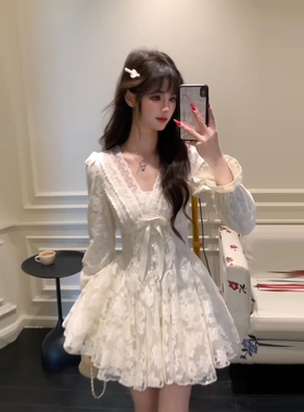 XZY 微胖法式甜美千金蕾丝收腰连衣裙女25年冬季生日公主蓬蓬短裙