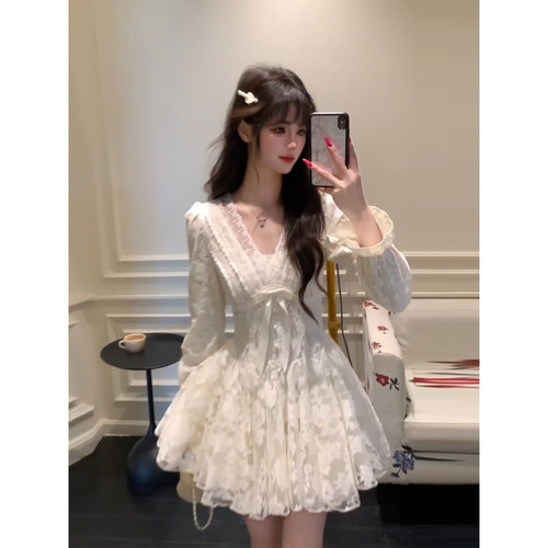 微胖法式甜美千金蕾丝收腰连衣裙