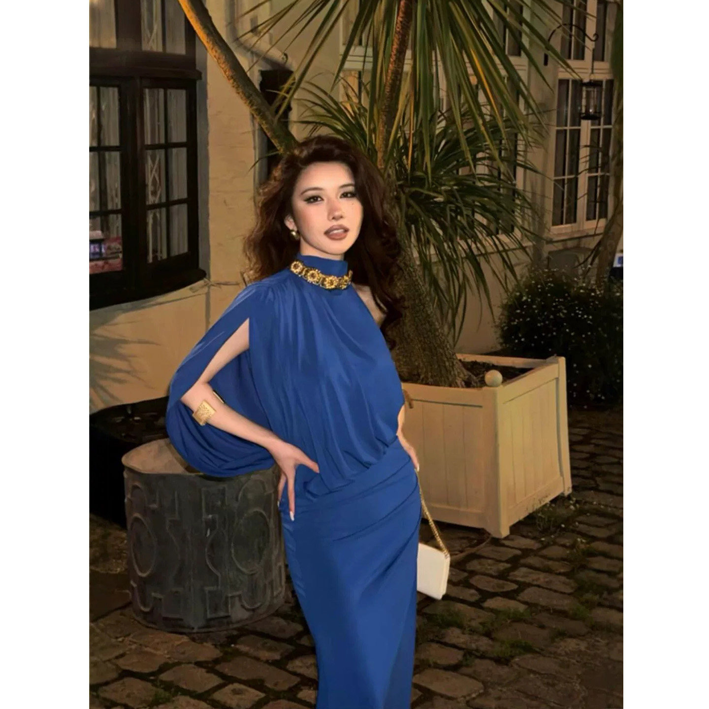 XZY 微胖轻熟风法式蓝色半高领连衣裙女26年夏季修身气质包臀短裙
