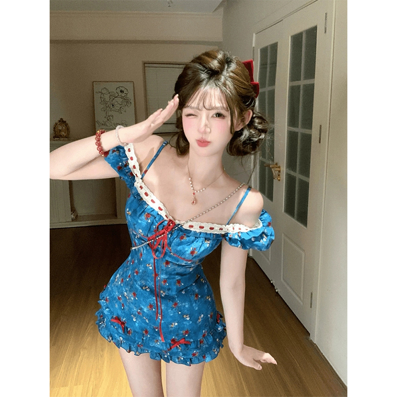 微胖纯欲甜美撞色碎花吊带连衣裙