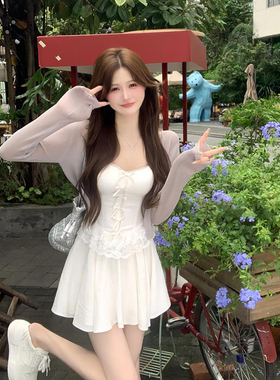 XZY/欣争艳 胖mm纯欲芭蕾风白色挂脖连衣裙女夏季防晒开衫两件套