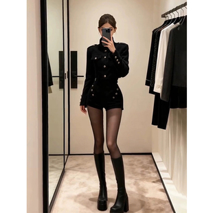 两件套 气质高腰短裤 XZY 微胖御姐英伦风立领小香风外套女25年冬季